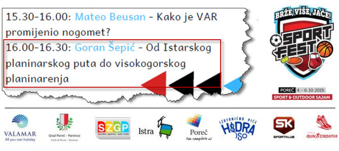 Od Istarskog planinarskog puta do visokogorskog planinarenja – Sport Fest 2019, Poreč, poziv na predavanje
