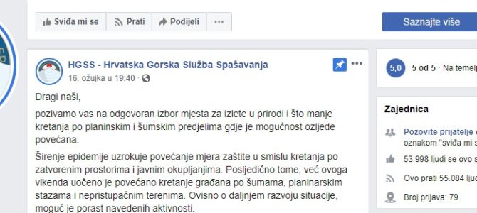 Poziv HGSS-a na odgovoran izbor mjesta za izlete u prirodi i što manje kretanja po planinskim i šumskim predjelima gdje je mogućnost ozljede povećana